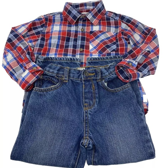 The Children’s Place Boys Long Sleeve Button Down Shirt 3T-& Jeans Red/Blue - Picture 1 of 7